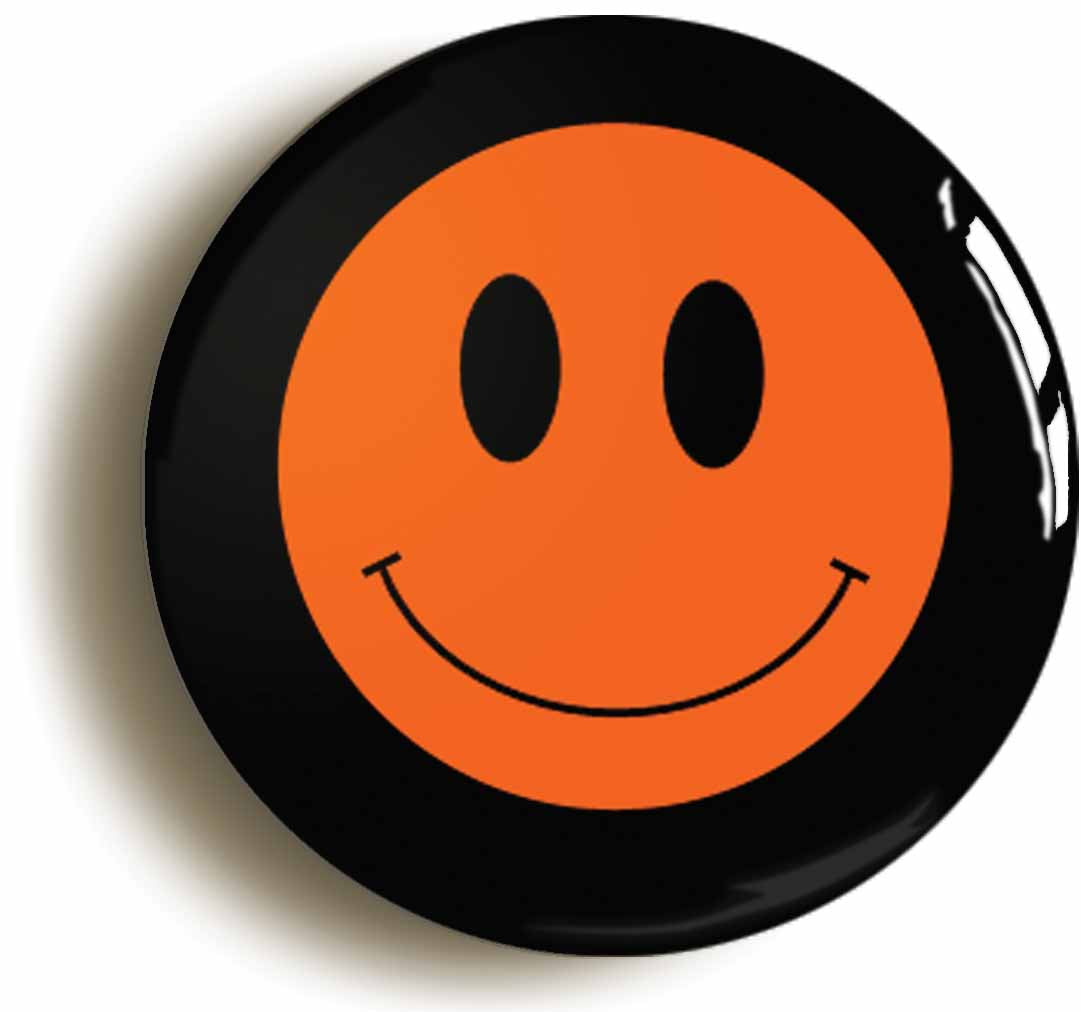 A picture of the front of the product, titled Orange Happy Smiling Face icon Button Pin Badge