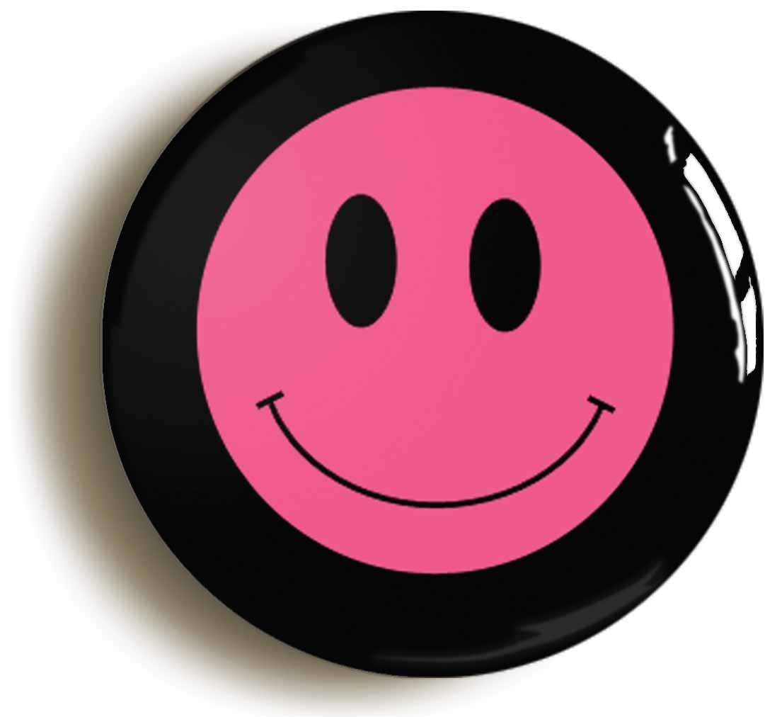 A picture of the front of the product, titled Pink Happy Smiling Button Pin Badge
