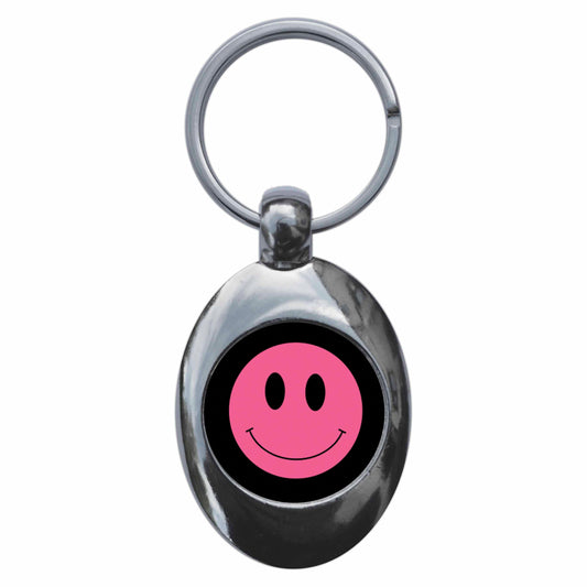 A picture of the front of the product, titled Pink Smiling Face Icon Metal Keyring With Trolley Coin