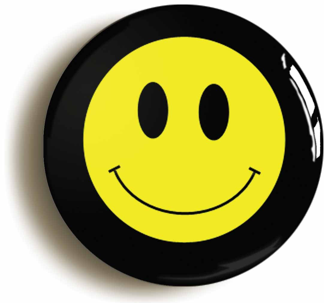 A picture of the front of the product, titled Happy Smiling Acid House Retro Eighties Button Pin Badge