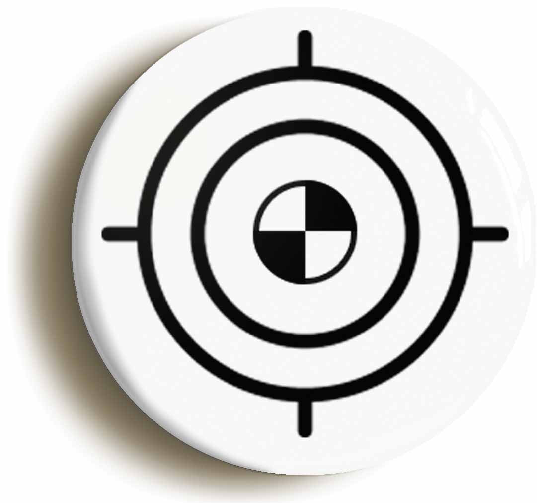 A picture of the front of the product, titled Sniper Crosshairs Shooting Target Button Pin Badge