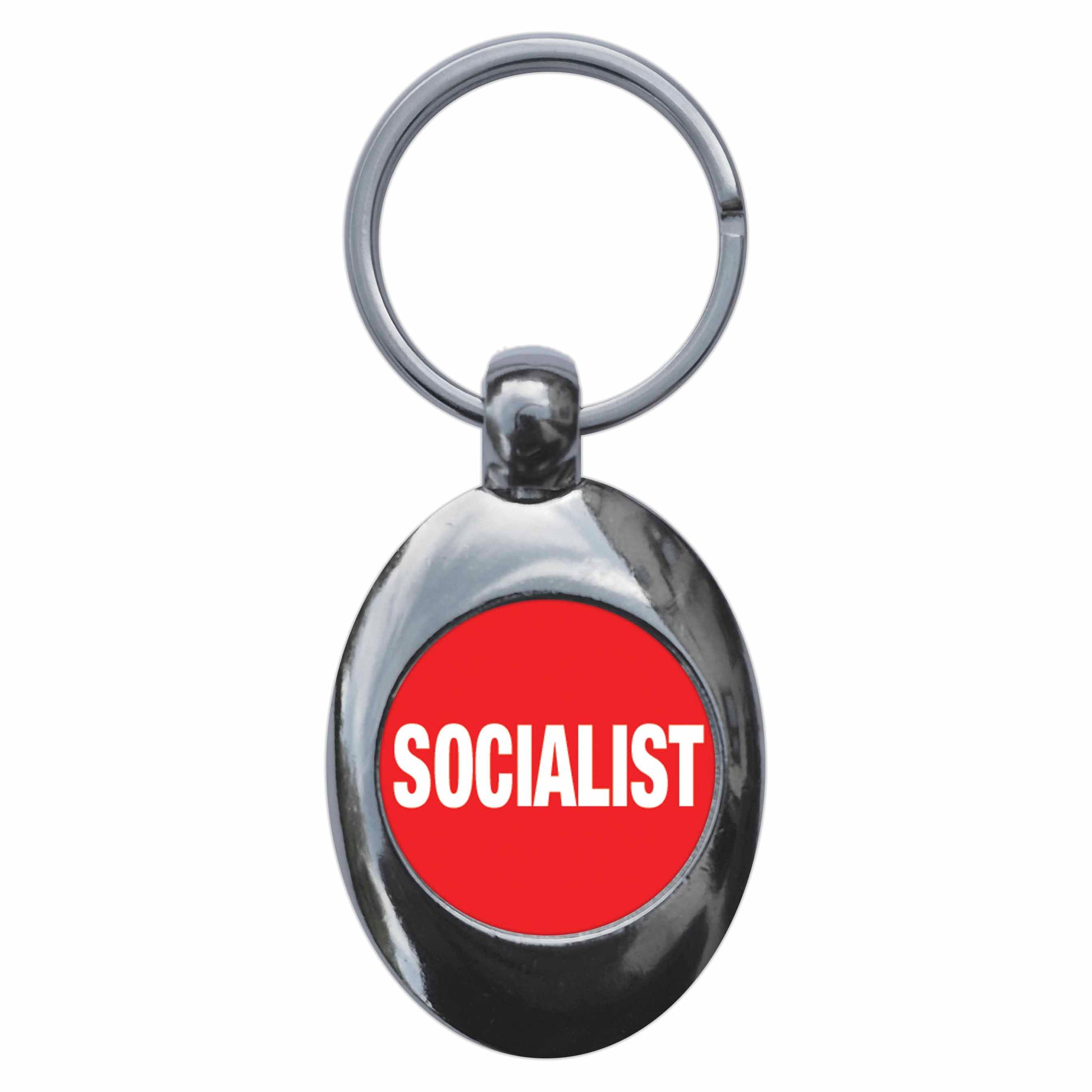 A picture of the front of the product, titled Socialist Metal Keyring With Trolley Coin