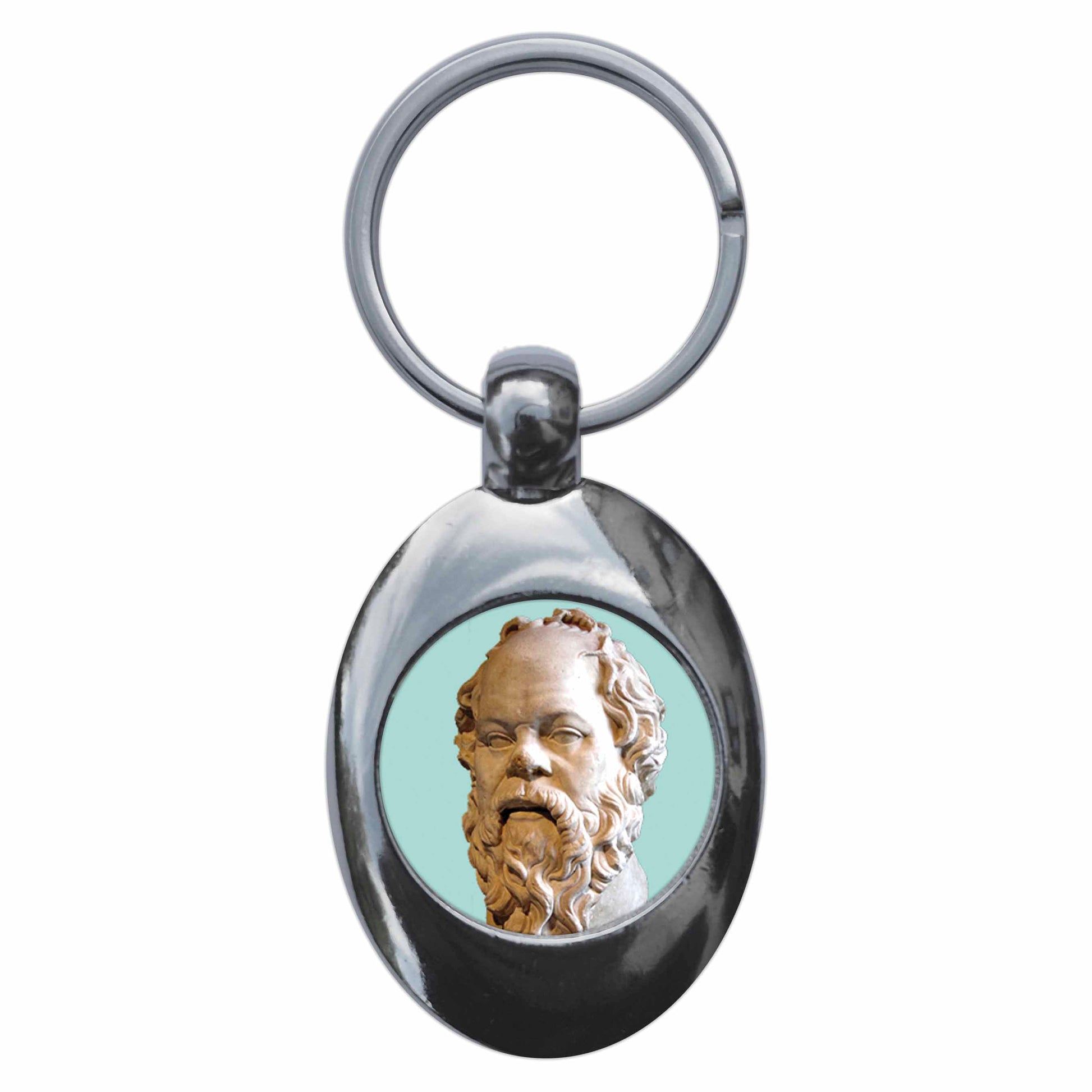 A picture of the front of the product, titled Socrates Philosophy Metal Keyring With Trolley Coin