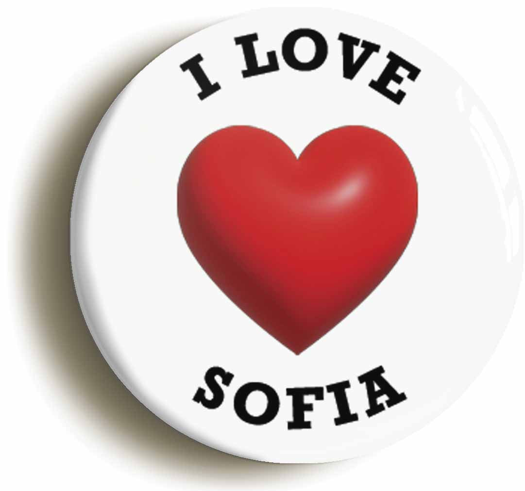 A picture of the front of the product, titled I Heart Love Sofia Location Button Pin Badge