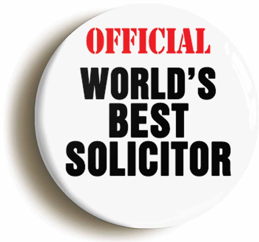 A picture of the front of the product, titled Official Worlds Best Solicitor Funny Button Pin Badge