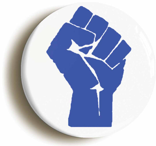 A picture of the front of the product, titled Solidarity Fist Symbol Blue Button Pin Badge