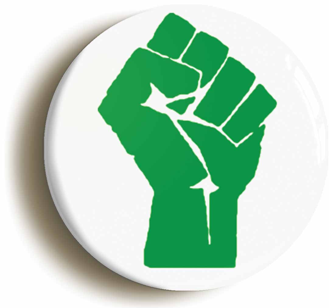 A picture of the front of the product, titled Solidarity Fist Symbol Green Button Pin Badge