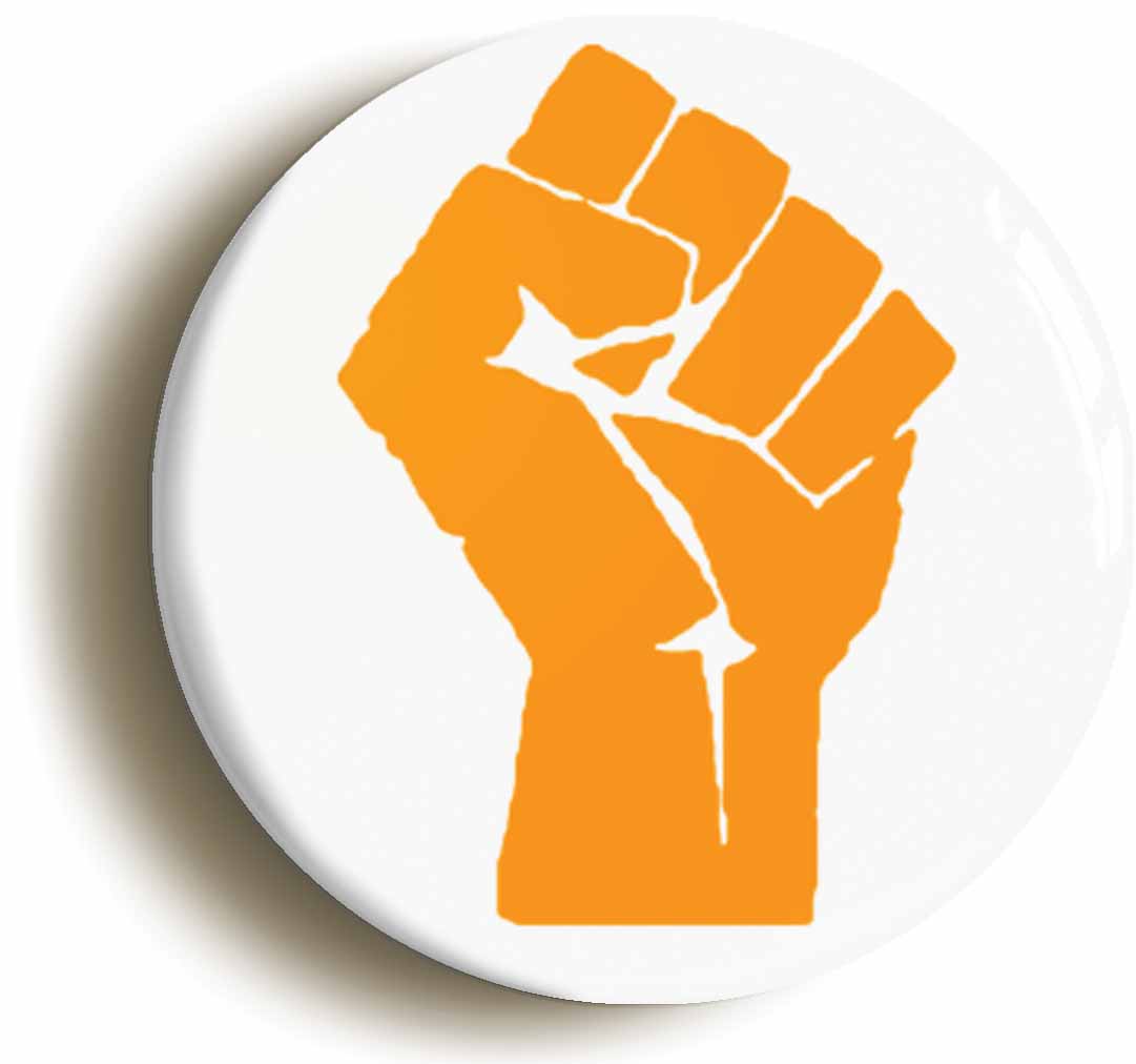 A picture of the front of the product, titled Solidarity Fist Symbol Orange Button Pin Badge
