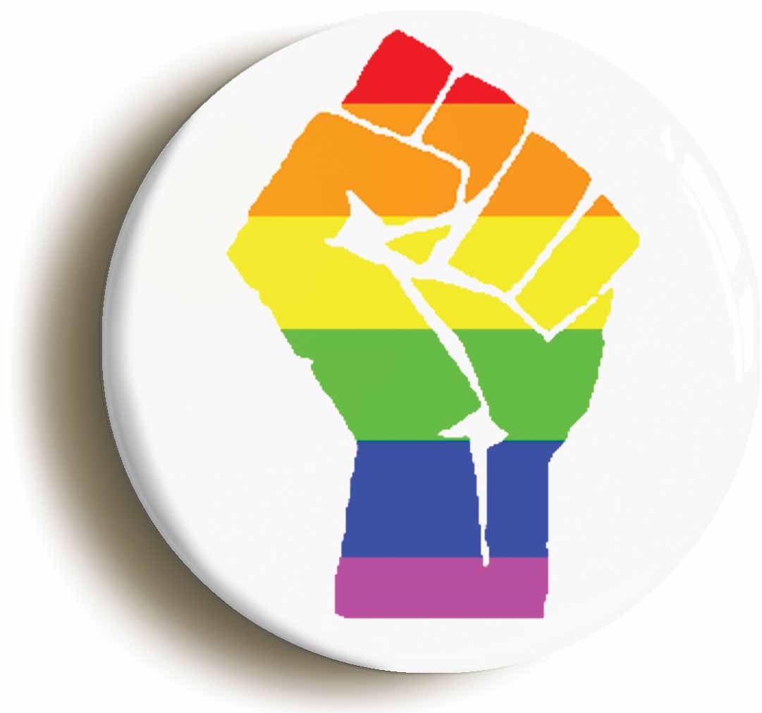 A picture of the front of the product, titled Rainbow LGBT Solidarity Fist Symbol Button Pin Badge
