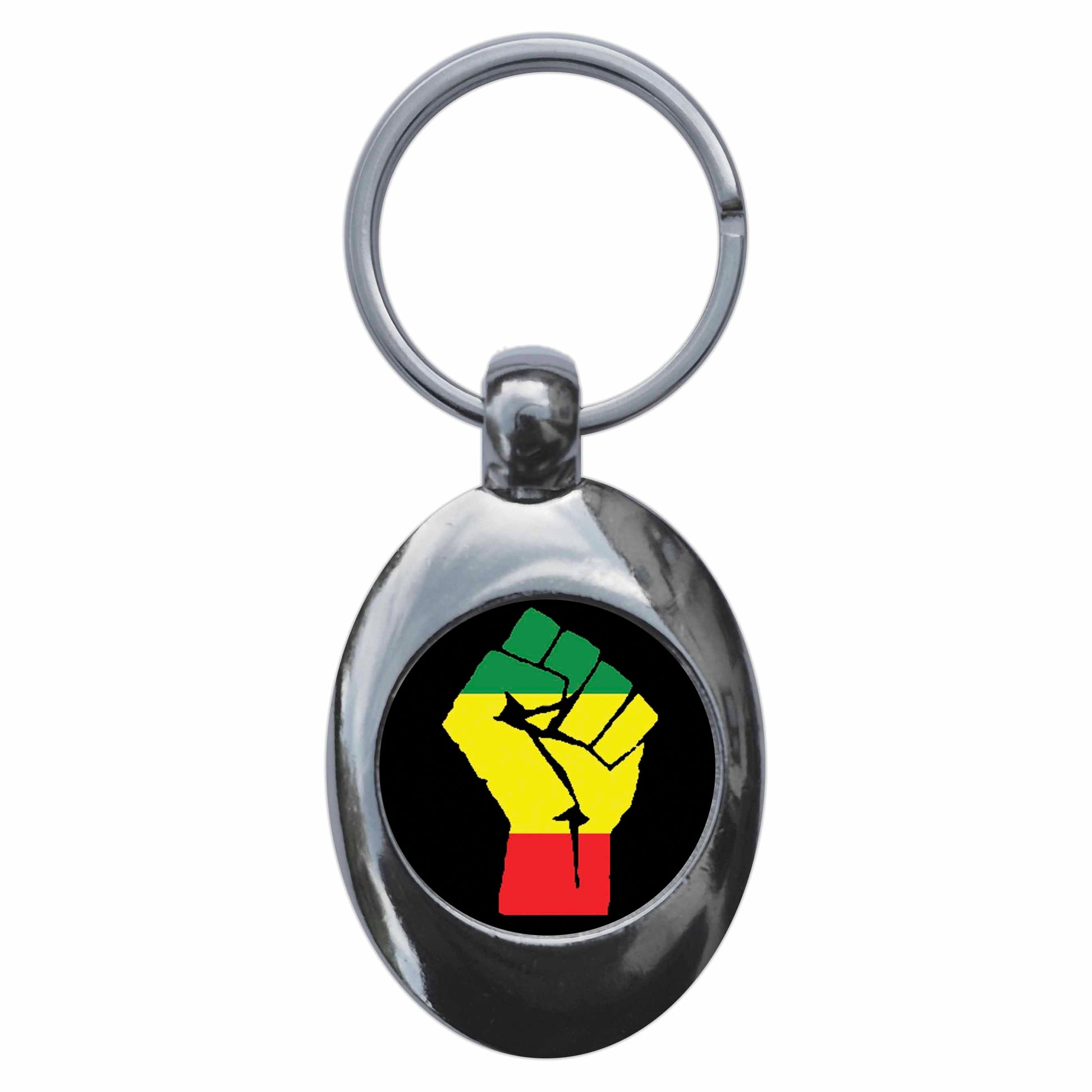 A picture of the front of the product, titled Rasta Solidarity Fist Metal Keyring With Trolley Coin