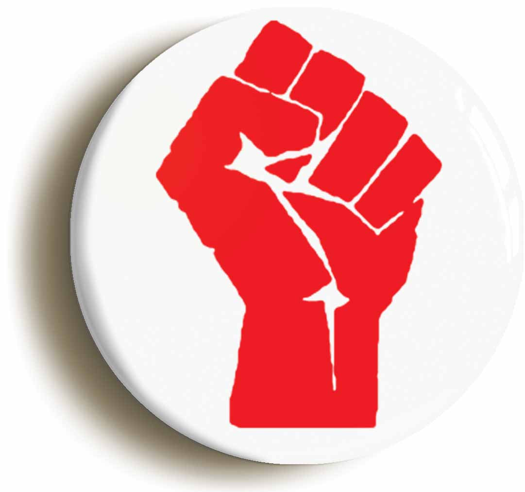 A picture of the front of the product, titled Solidarity Fist Symbol Red Button Pin Badge