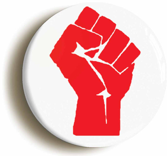 A picture of the front of the product, titled Solidarity Fist Symbol Red Button Pin Badge