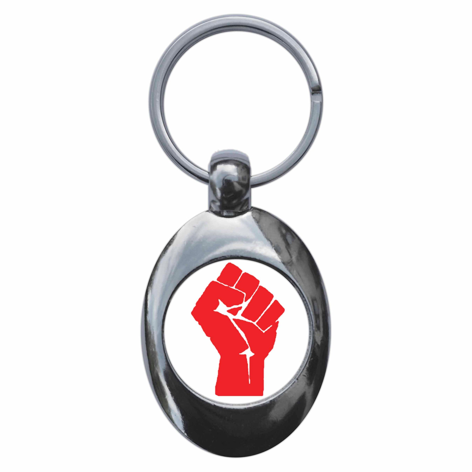 A picture of the front of the product, titled Red Solidarity Fist Metal Keyring With Trolley Coin