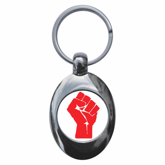 A picture of the front of the product, titled Red Solidarity Fist Metal Keyring With Trolley Coin