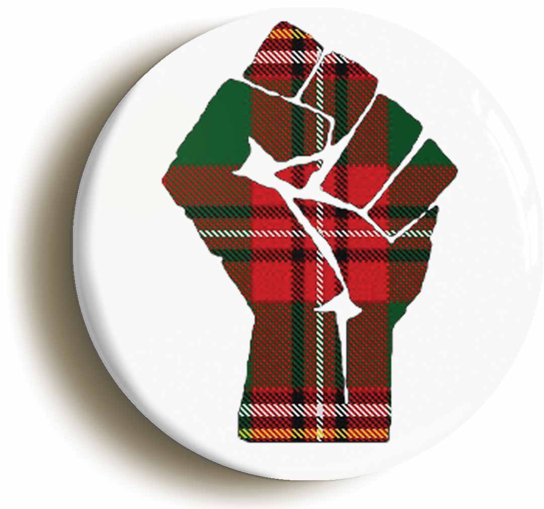 A picture of the front of the product, titled Scots Tartan Solidarity Fist Symbol Button Pin Badge