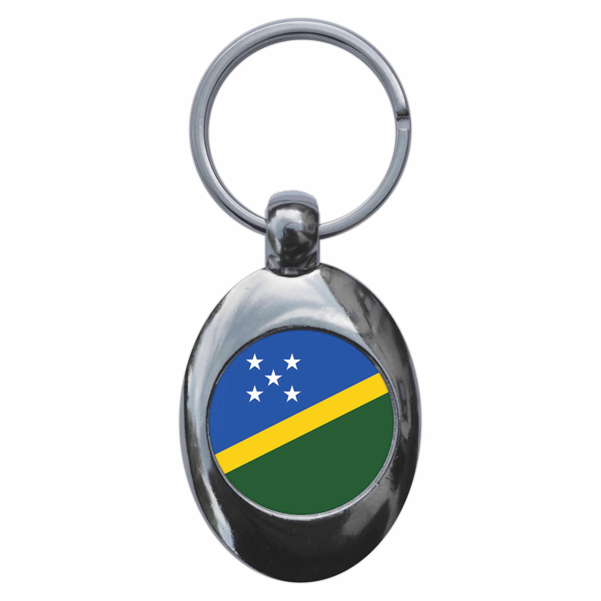 A picture of the front of the product, titled Solomon Islands National Flag Metal Keyring With Trolley Coin