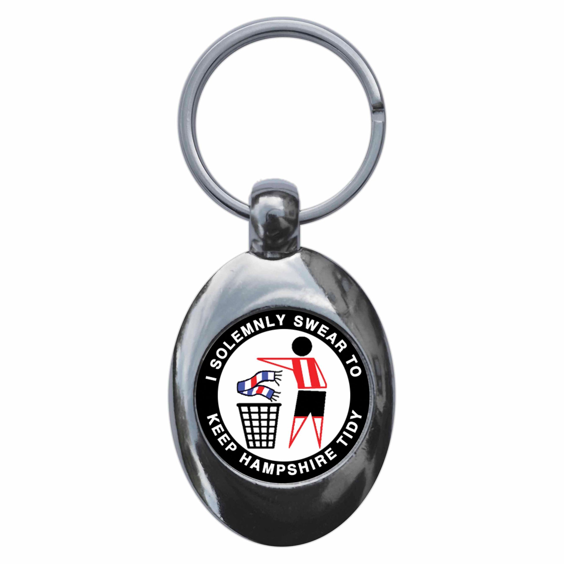 A picture of the front of the product, titled I Solemnly Swear To Keep Hampshire Tidy - S Metal Keyring With Trolley Coin