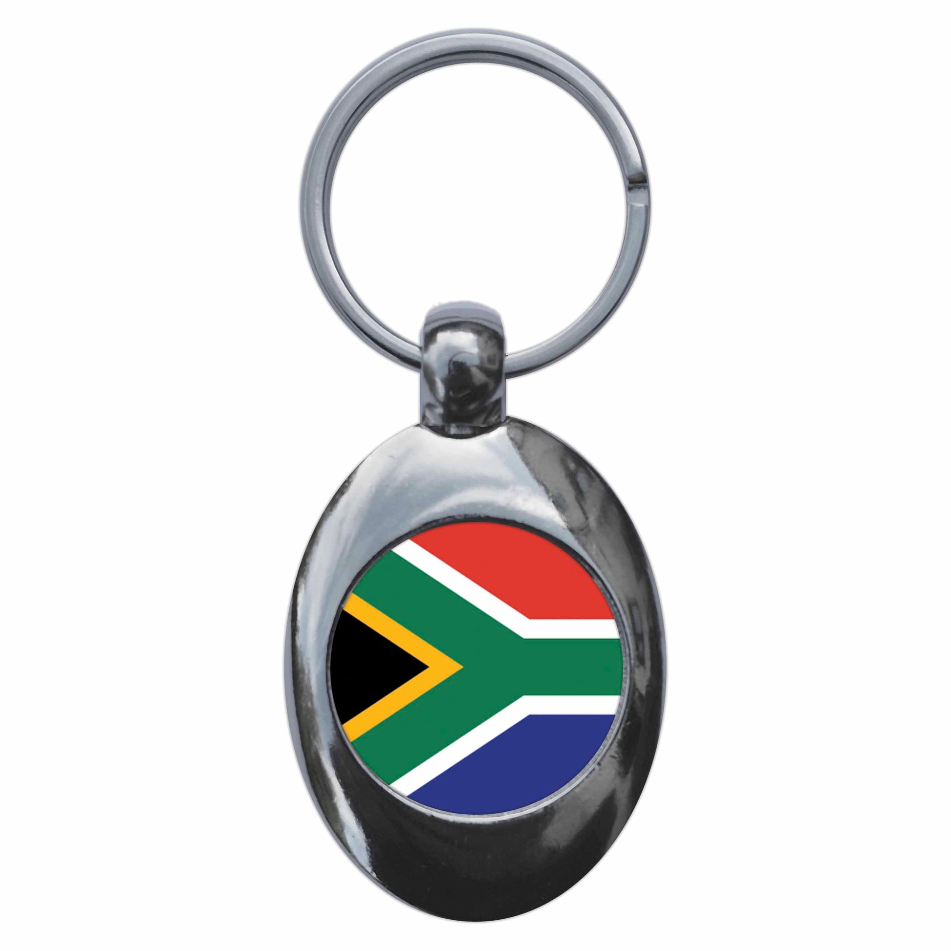 A picture of the front of the product, titled South Africa National Flag Metal Keyring With Trolley Coin