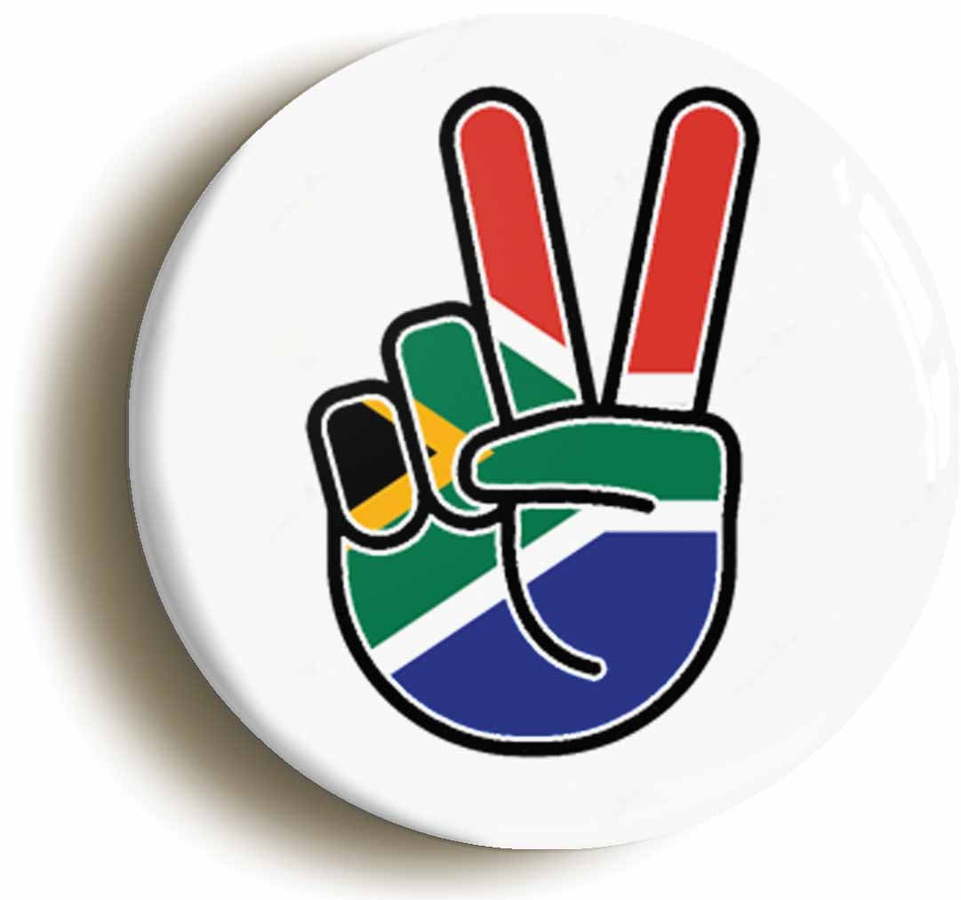 A picture of the front of the product, titled South Africa African National Flag Peace Sign V Button Pin Badge