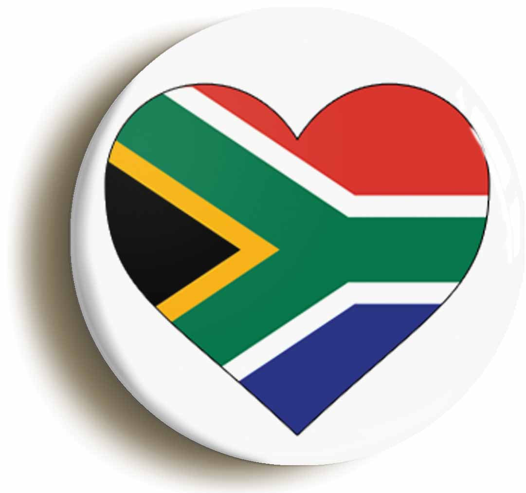A picture of the front of the product, titled South Africa African Flag Heart Button Pin Badge