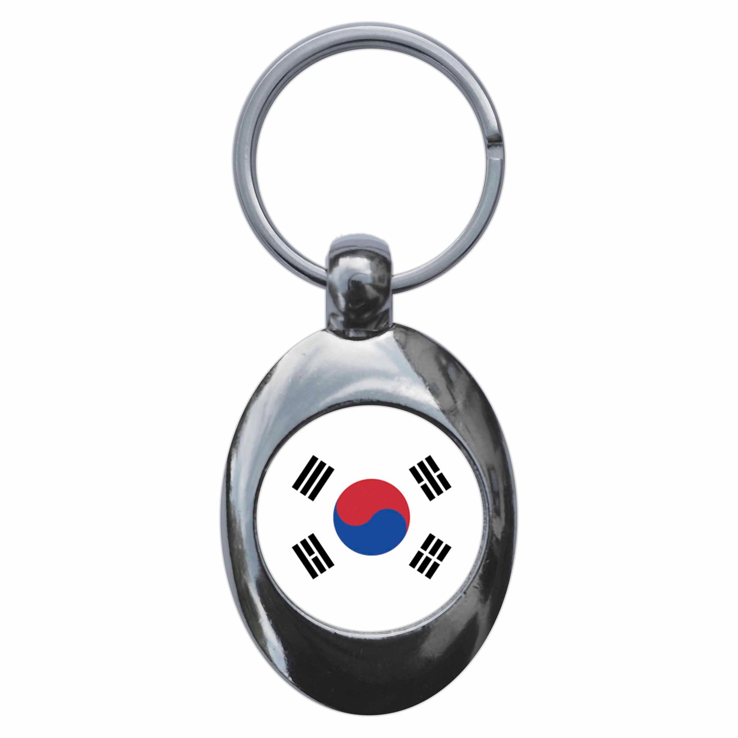 A picture of the front of the product, titled South Korea Korean National Flag Metal Keyring With Trolley Coin
