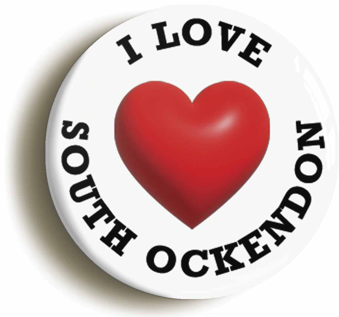 A picture of the front of the product, titled I Heart Love South Ockendon Location Button Pin Badge