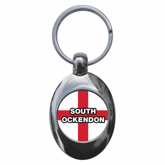 A picture of the front of the product, titled South Ockendon England Flag Metal Keyring With Trolley Coin