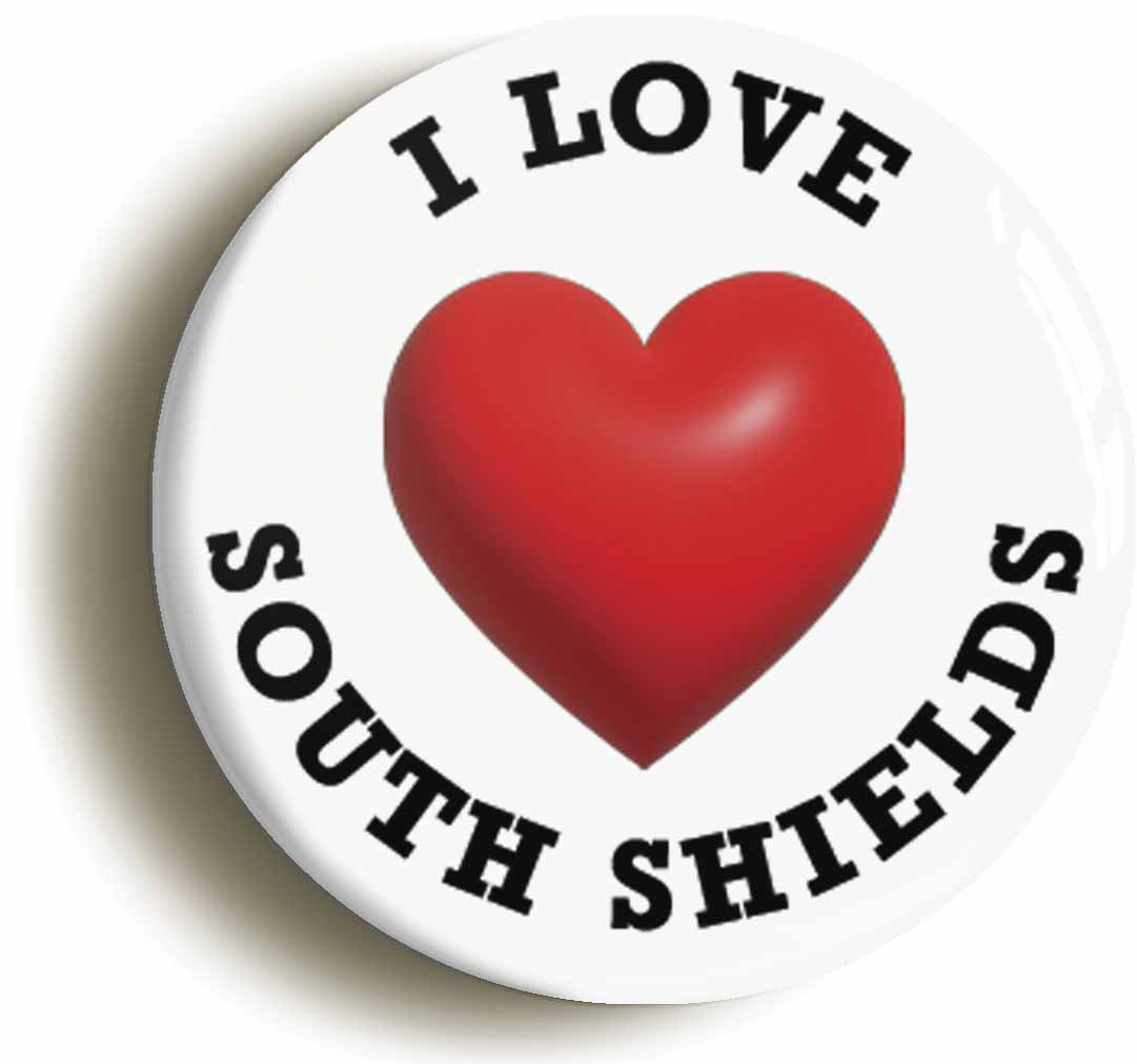 A picture of the front of the product, titled I Heart Love South Shields Location Circular 50mm Fridge Magnet