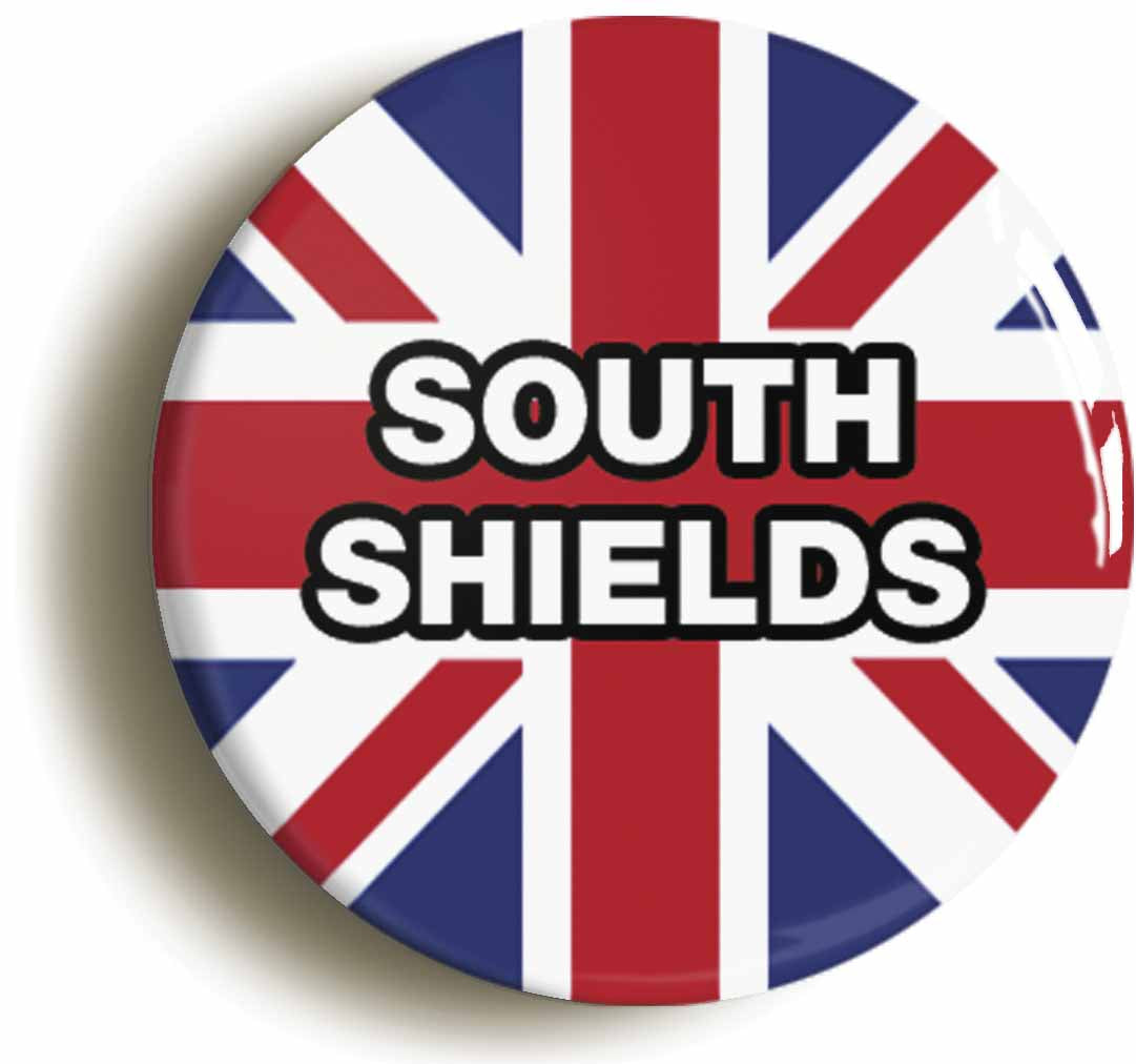 A picture of the front of the product, titled South Shields Union Jack Button Pin Badge