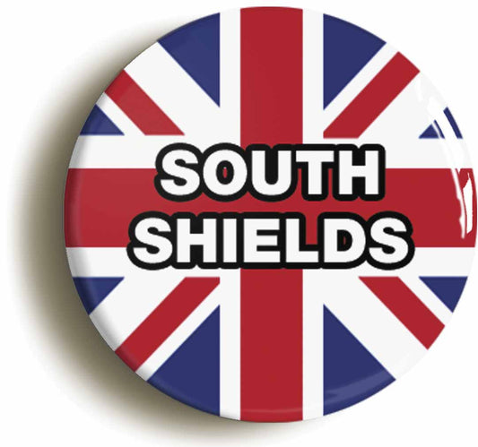 A picture of the front of the product, titled South Shields Union Jack Button Pin Badge