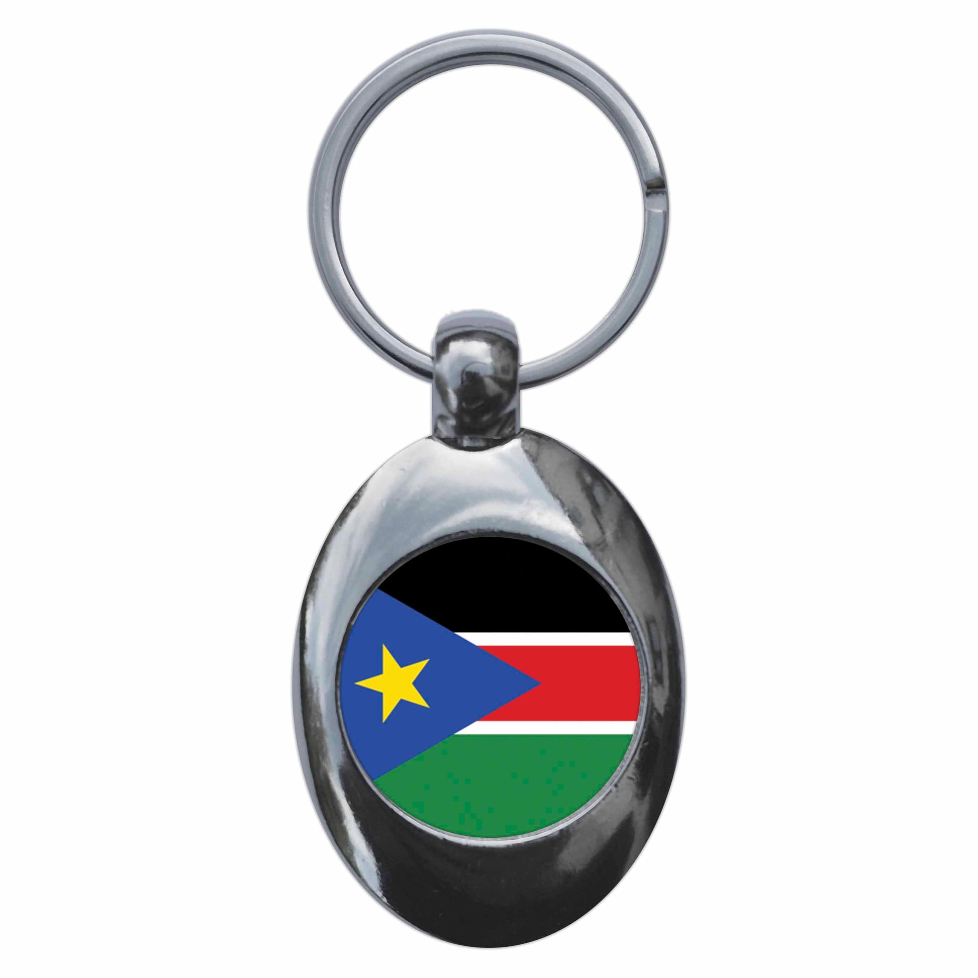 A picture of the front of the product, titled South Sudan Sudanese National Flag Metal Keyring With Trolley Coin