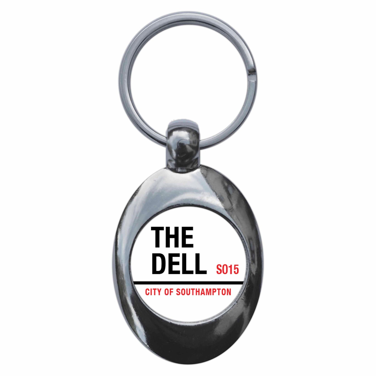 A picture of the front of the product, titled The Dell SO15 City Of Southampton Road Sign Metal Keyring With Trolley Coin