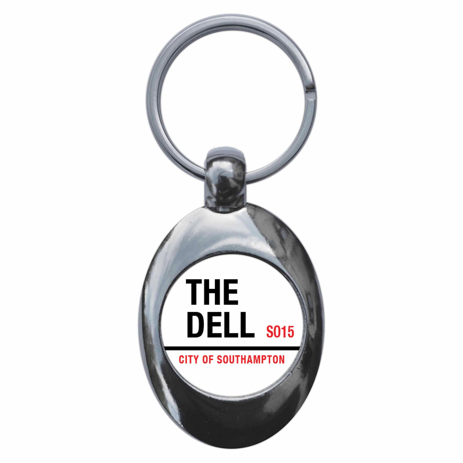 A picture of the front of the product, titled The Dell SO15 City Of Southampton Road Sign Metal Keyring With Trolley Coin