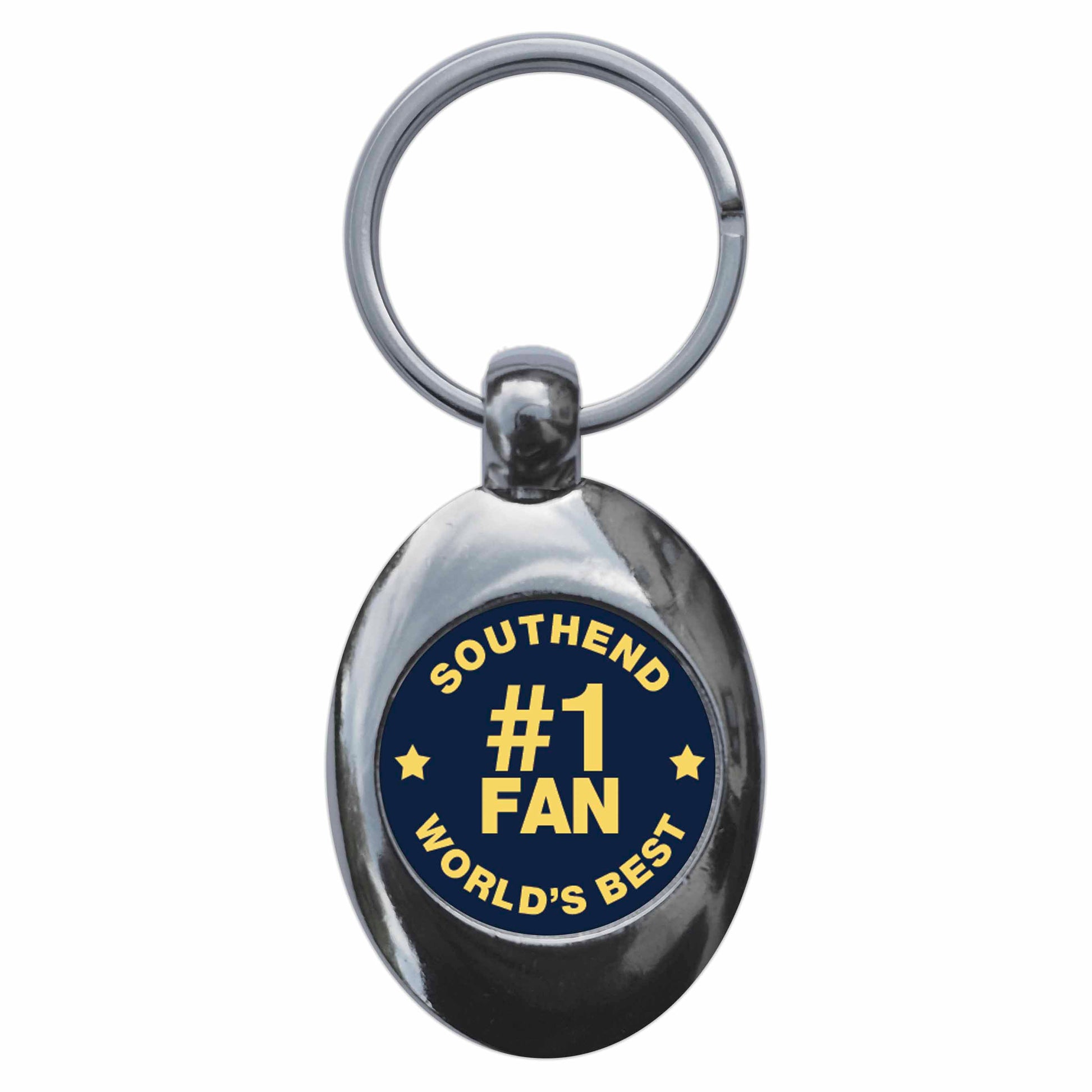 A picture of the front of the product, titled Southend #1 Fan Metal Keyring With Trolley Coin