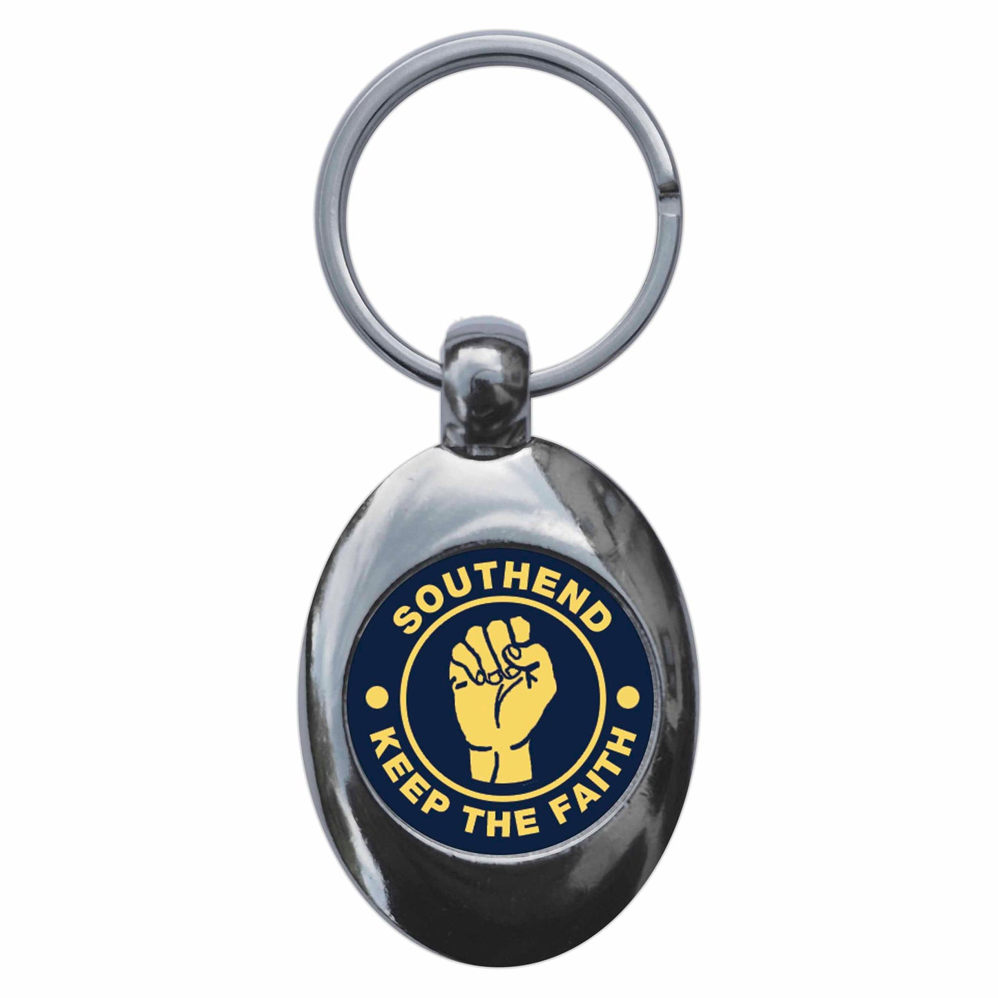 A picture of the front of the product, titled Southend Keep The Faith Northern Soul Metal Keyring With Trolley Coin