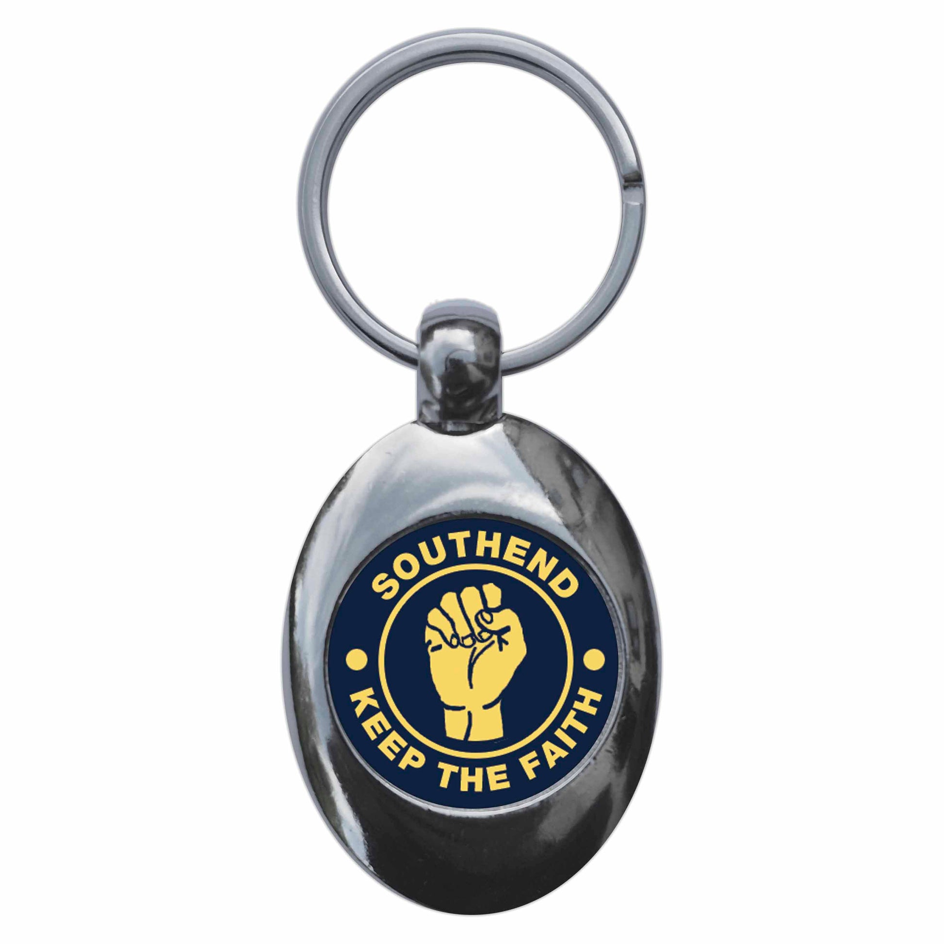 A picture of the front of the product, titled Southend Keep The Faith Northern Soul Metal Keyring With Trolley Coin