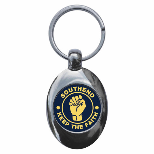 A picture of the front of the product, titled Southend Keep The Faith Northern Soul Metal Keyring With Trolley Coin
