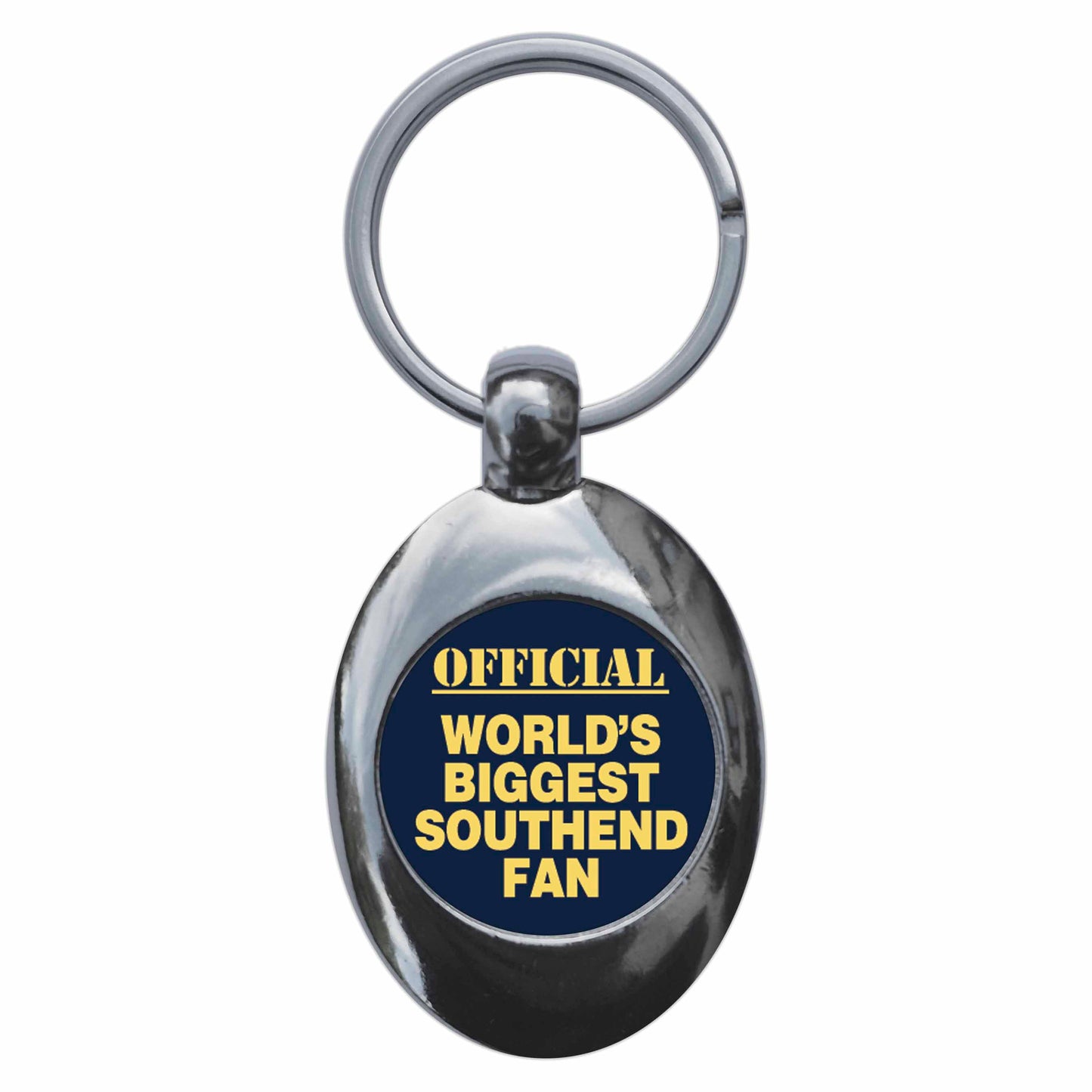 A picture of the front of the product, titled World's Biggest Southend Fan Metal Keyring With Trolley Coin