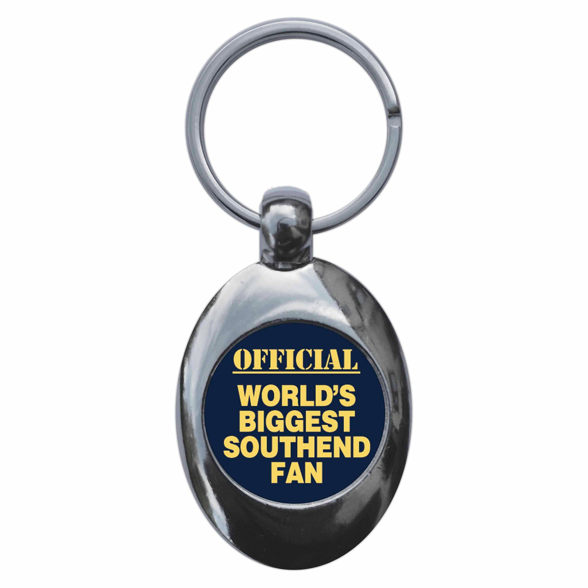 A picture of the front of the product, titled World's Biggest Southend Fan Metal Keyring With Trolley Coin