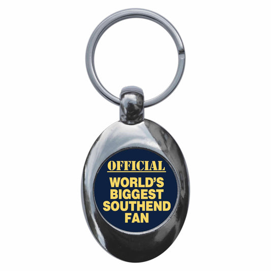 A picture of the front of the product, titled World's Biggest Southend Fan Metal Keyring With Trolley Coin