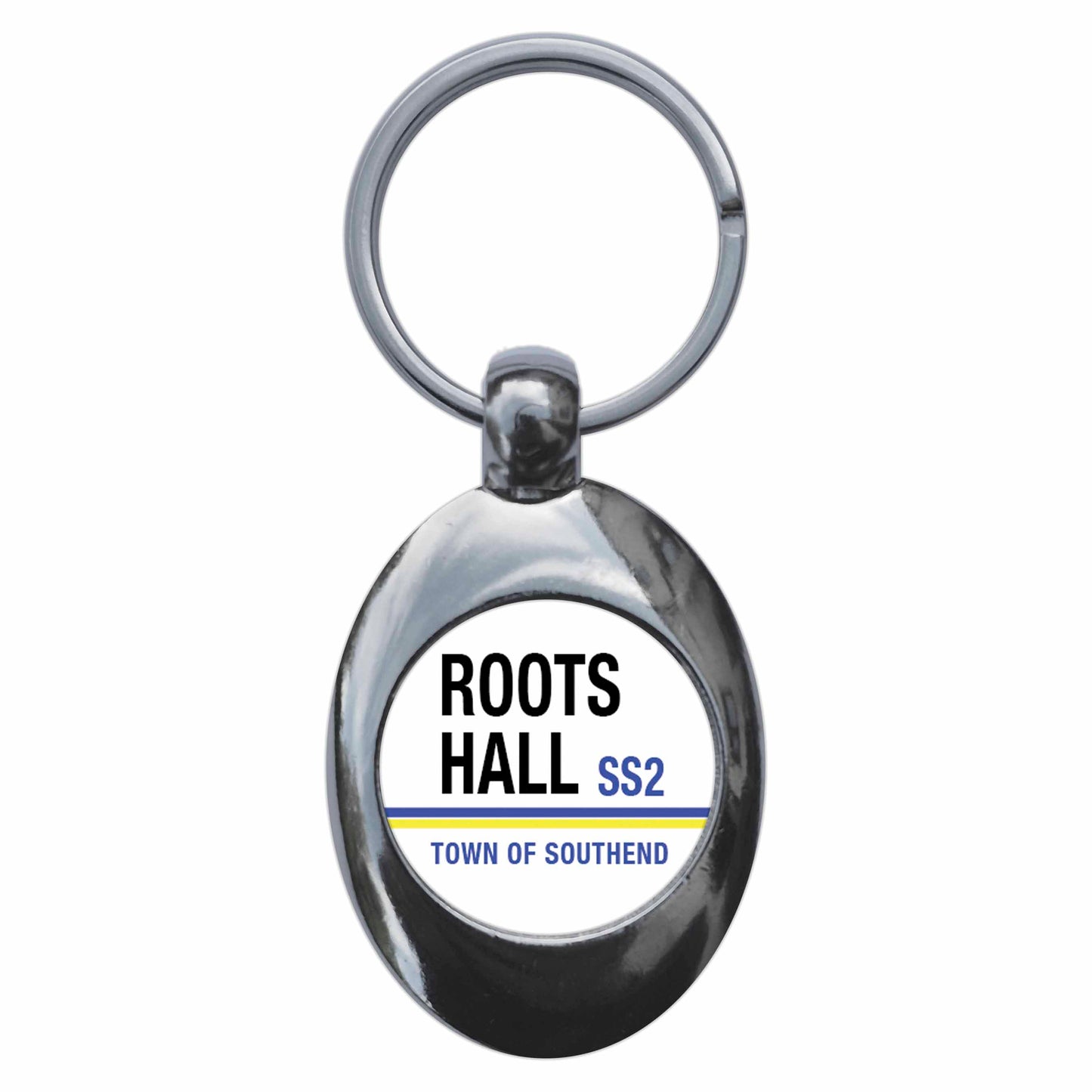 A picture of the front of the product, titled Roots Hall SS2 Southend On Sea Road Sign Metal Keyring With Trolley Coin