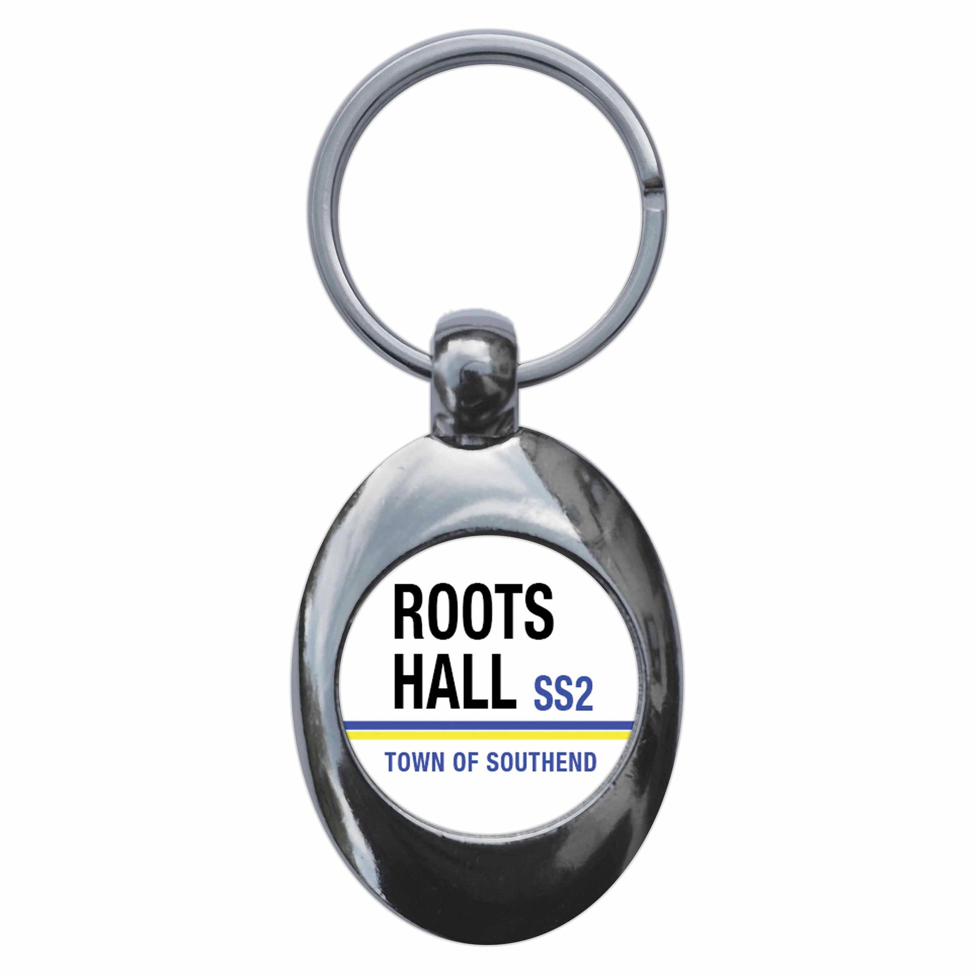 A picture of the front of the product, titled Roots Hall SS2 Southend On Sea Road Sign Metal Keyring With Trolley Coin