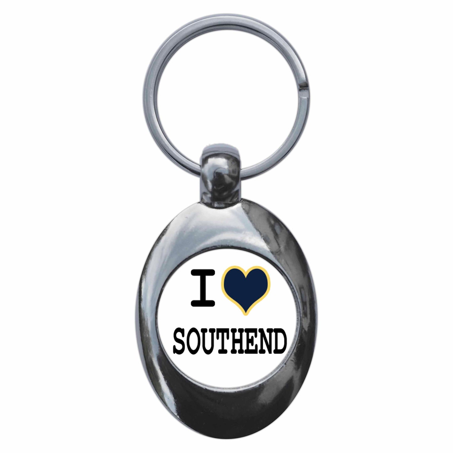 A picture of the front of the product, titled I Heart Love Southend Metal Keyring With Trolley Coin