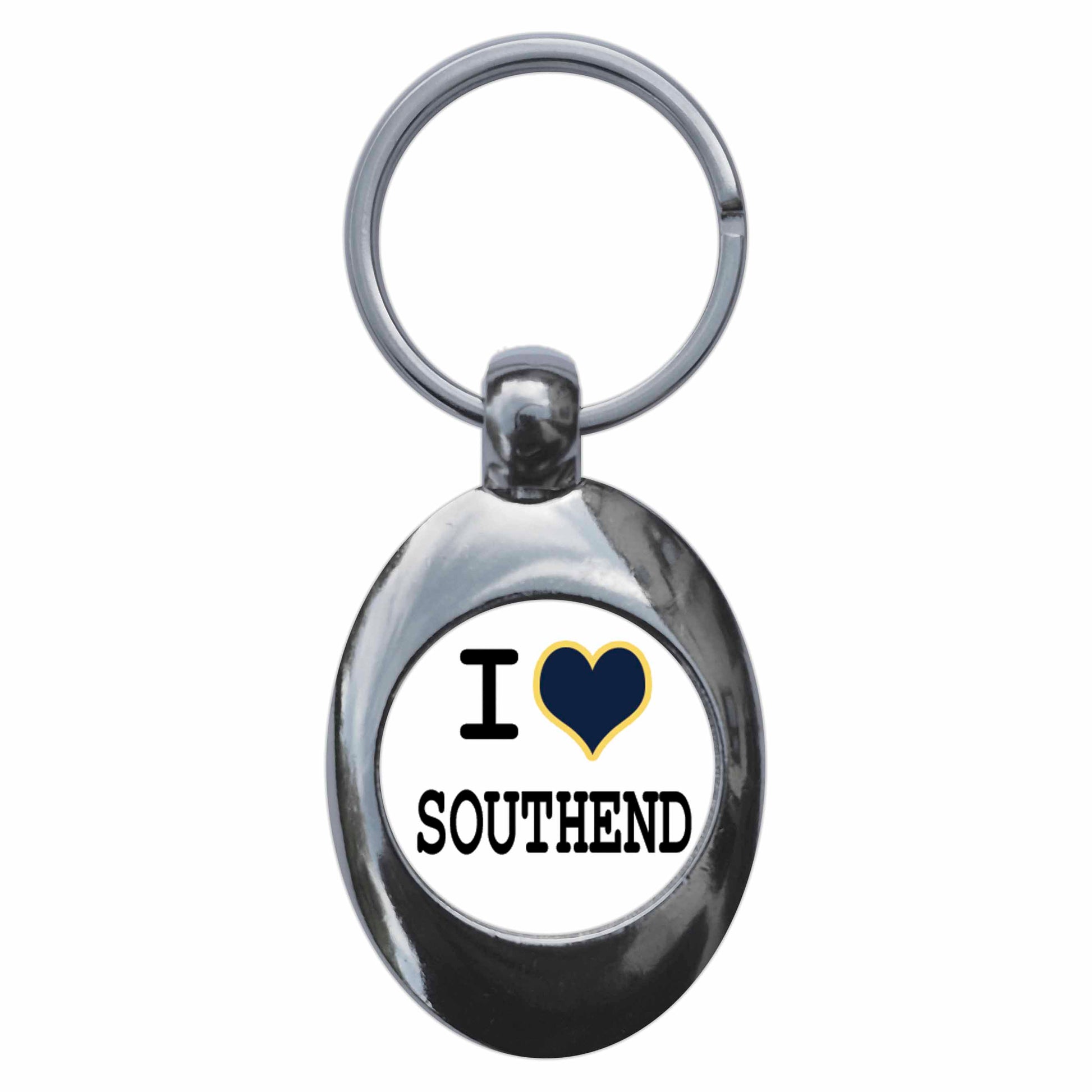 A picture of the front of the product, titled I Heart Love Southend Metal Keyring With Trolley Coin