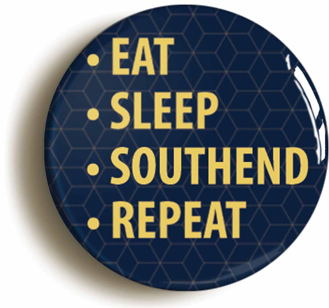A picture of the front of the product, titled Eat Sleep Southend Repeat Circular 50mm Fridge Magnet