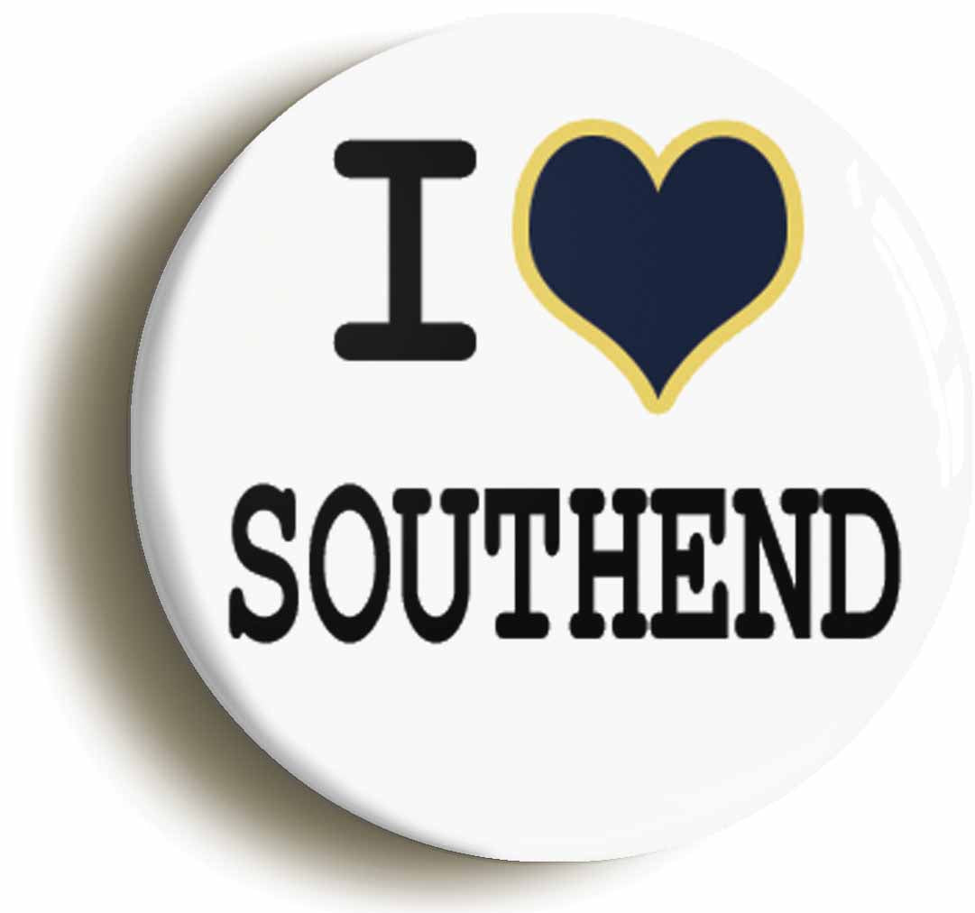 A picture of the front of the product, titled I Heart Love Southend Button Pin Badge