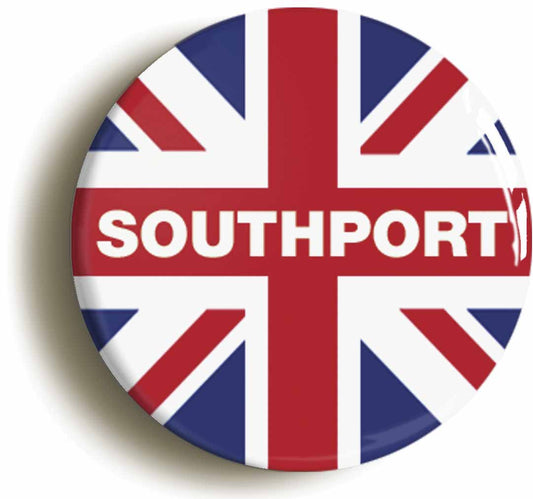 A picture of the front of the product, titled Southport Union Jack Button Pin Badge