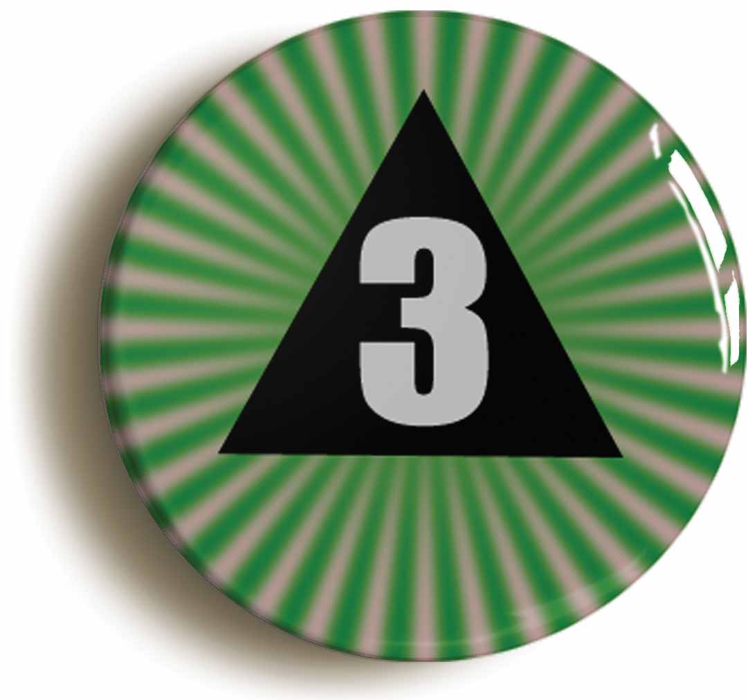 A picture of the front of the product, titled Psychedelic 3 Pyramid Button Pin Badge