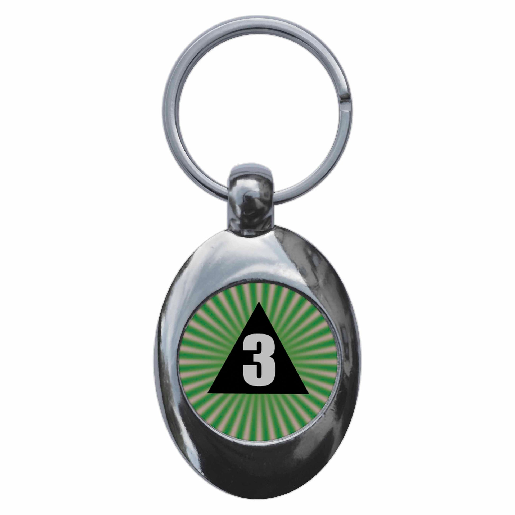 A picture of the front of the product, titled Psychedelic 3 Pyramid Metal Keyring With Trolley Coin