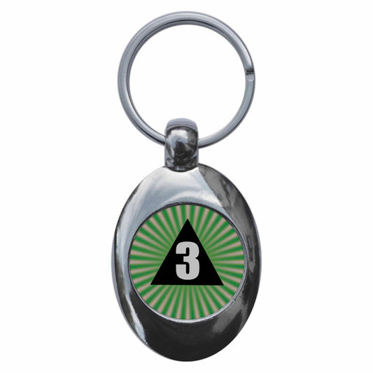 A picture of the front of the product, titled Psychedelic 3 Pyramid Metal Keyring With Trolley Coin